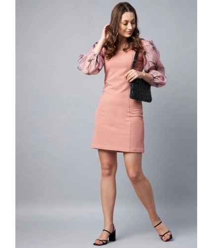 Women's Polyester Lycra And Organza Floral Balloon Sleeve Dress (Pink)