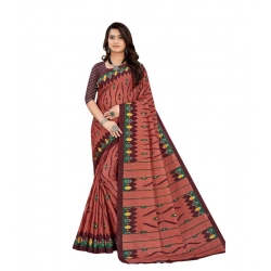 Women's Soft Pure Cotton Printed Saree With Unstitched Blouse 5.5Mtr (Brown)