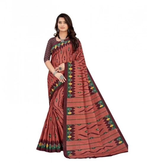 Women's Soft Pure Cotton Printed Saree With Unstitched Blouse 5.5Mtr (Brown)