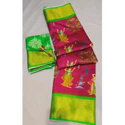 Women's Digital Dolla Silk Printed Saree With Unstitched Blouse 5.5Mtr (Pink)