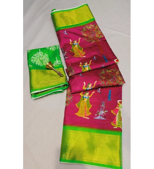 Women's Digital Dolla Silk Printed Saree With Unstitched Blouse 5.5Mtr (Pink)
