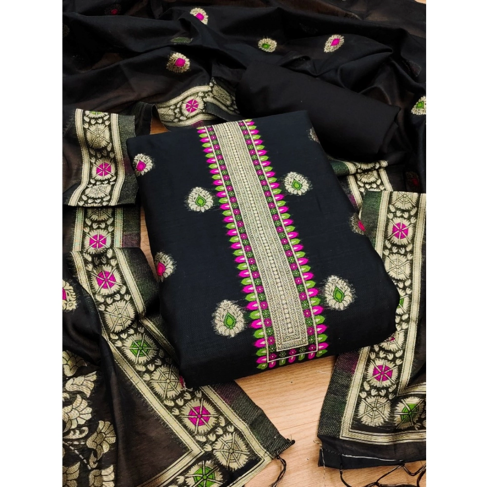 Women's Banarasi Silk Printed Unstitched Salwar Suit Material With Dupatta (Black, 3Mtrs)