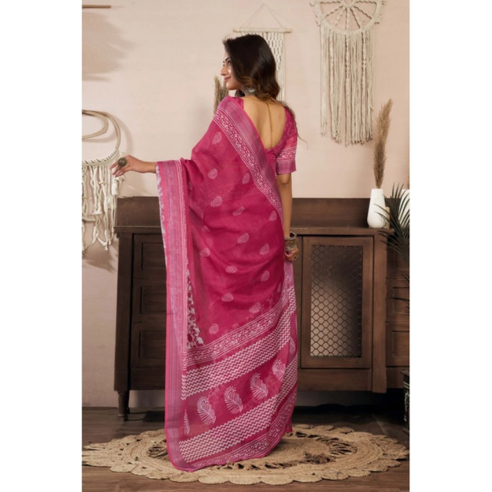 Women's Linen Cotton Printed Ready To Wear Saree With Unstitched Blouse 5.5 Mtr (Pink)