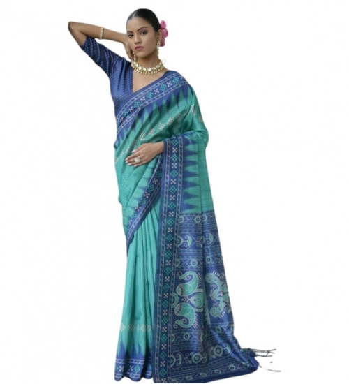 Women's Faux_Tussar Ikat Saree With Unstitched Blouse 5.5Mtr (Sea_Green)