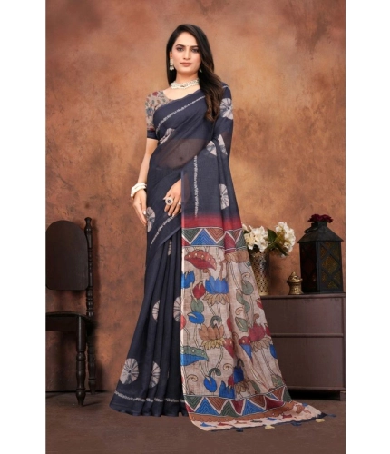 Women's Linen Printed Saree With Unstitched Blouse 5.5Mtr (Black) Women's Linen Printed Saree With Unstitched Blouse 5.5Mtr (Black)