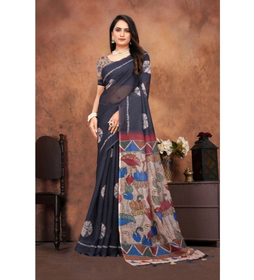 Women's Linen Printed Saree With Unstitched Blouse 5.5Mtr (Black)