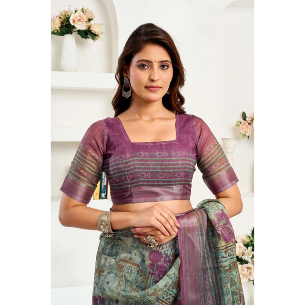 Women's Linen Cotton Printed Ready To Wear Saree With Unstitched Blouse 5.5 Mtr (Multicolor)