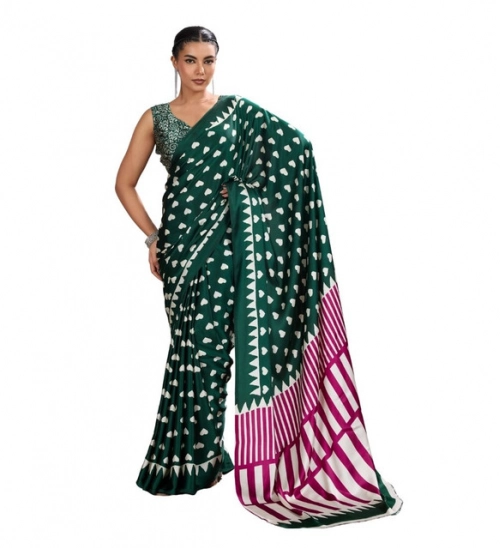 Women's Satin Crepe Printed Saree With Unstitched Blouse 5.5Mtr (Bottle Green)