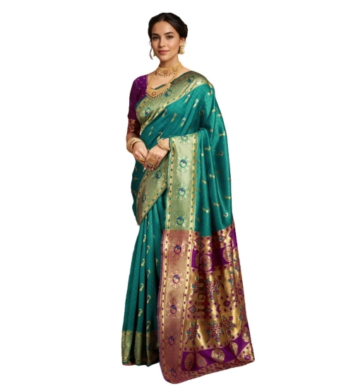 Women's Silk Blend Zari Weaving Saree With Unstitched Blouse 5.5Mtr (Green)