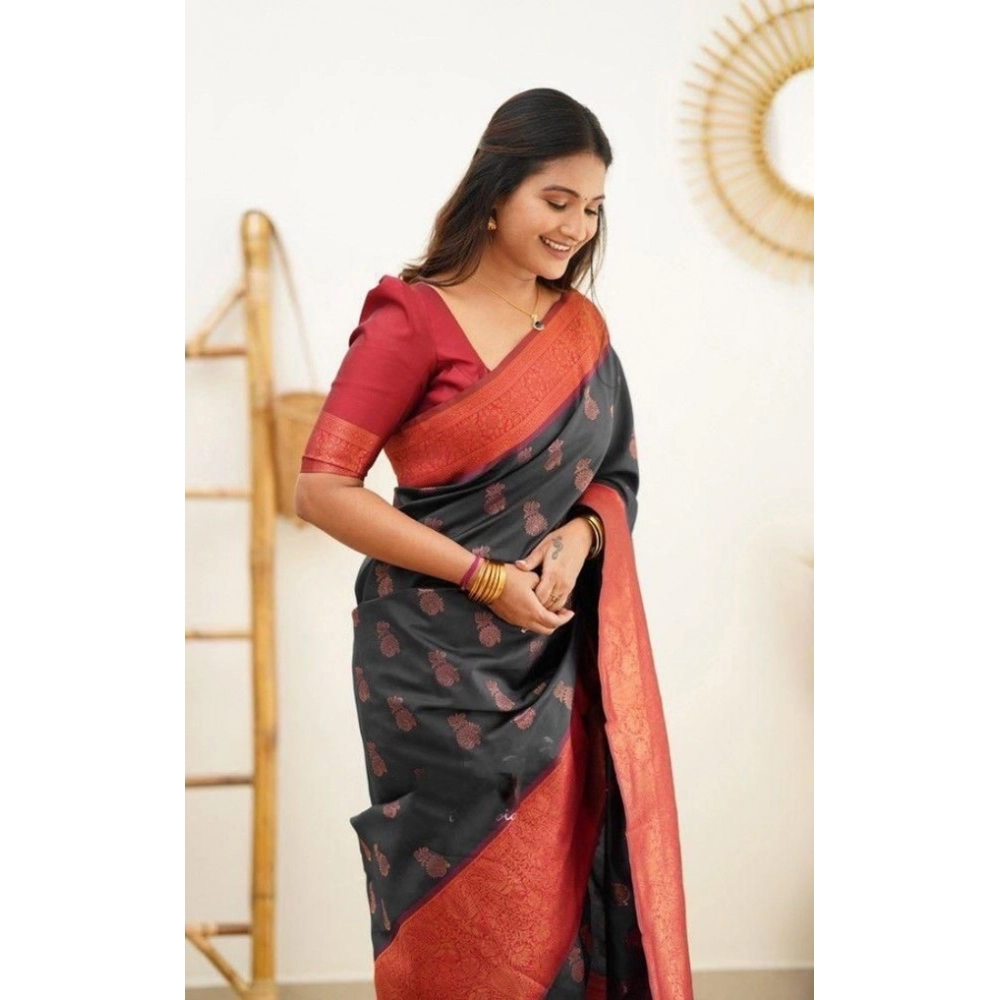 Women's Litchi silk Printed Saree With Unstitched Blouse (Grey) Women's Litchi silk Printed Saree With Unstitched Blouse (Grey)