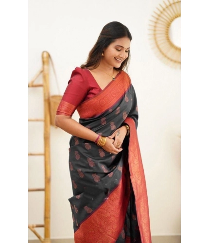 Women's Litchi silk Printed Saree With Unstitched Blouse (Grey) Women's Litchi silk Printed Saree With Unstitched Blouse (Grey)