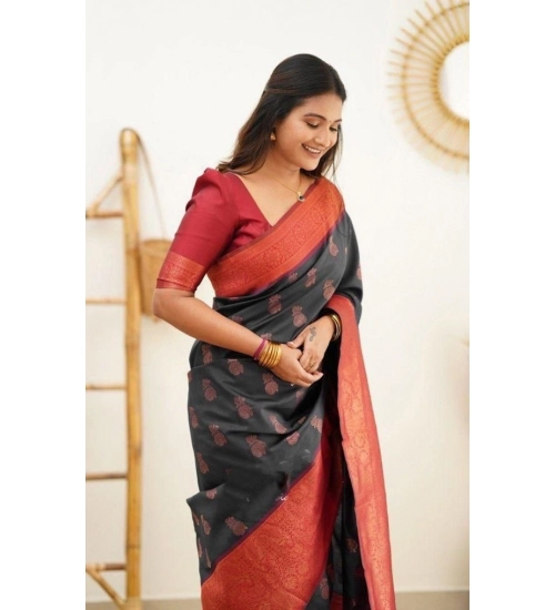 Women's Litchi silk Printed Saree With Unstitched Blouse (Grey)