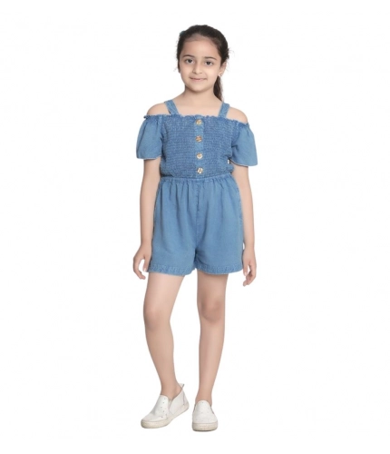 Girl's Rayon Solid Sleeveless Jumpsuit (Blue)