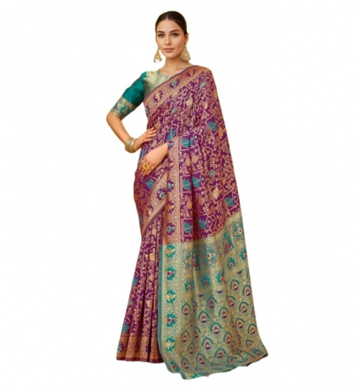 Women's Silk Blend Woven Paithani Saree With Unstitched Blouse 5.5Mtr (Purple)