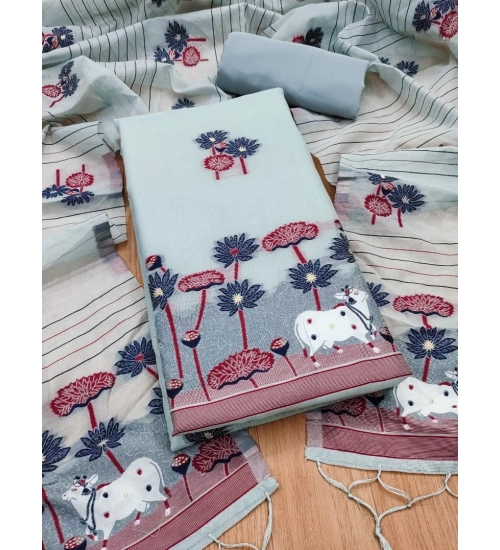 Women's Banarasi Silk Printed Unstitched Salwar Suit Material With Dupatta (Grey, 3Mtrs)