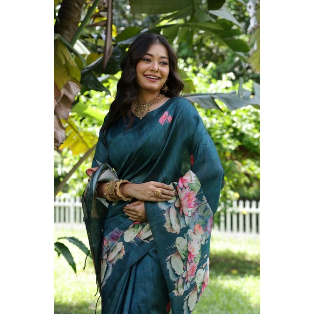 Women's Faux_Tussar Floral Saree With Unstitched Blouse 5.5Mtr (Teal) Women's Faux_Tussar Floral Saree With Unstitched Blouse 5.5Mtr (Teal)