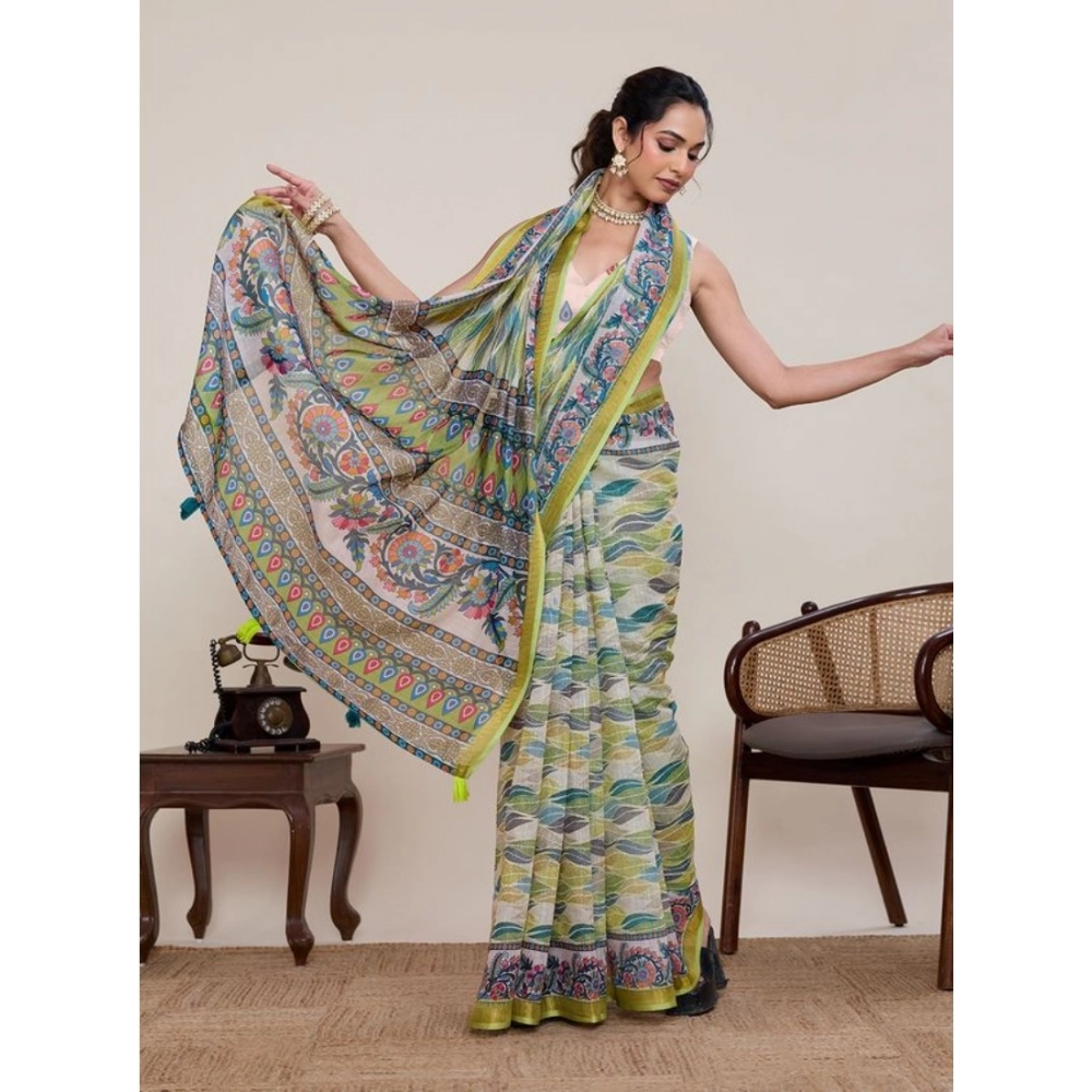 Women's Linen Floral Printed Saree With Unstitched Blouse 5.5Mtr (Pista Green)