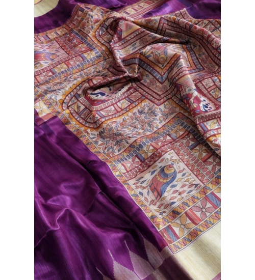 Women's Tussar Silk Madhubani Saree With Unstitched Blouse 5.5Mtr (Purple)