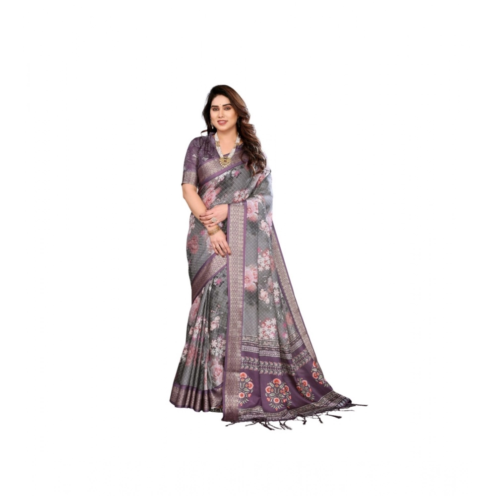 Women's Cotton Silk  Printed Saree With Unstitched Blouse 5.5Mtr (Wine )