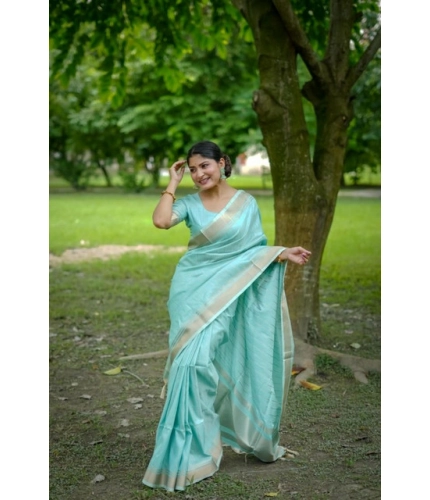 Women's Faux_Banarasi Lining Pattern Saree With Unstitched Blouse 5.5Mtr (Light_Aqua_Blue)