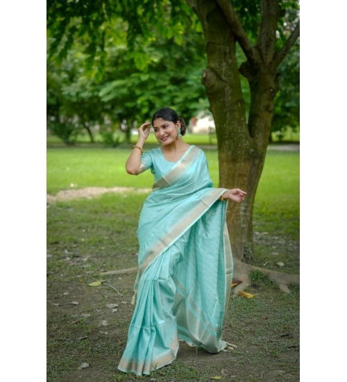 Women's Faux_Banarasi Lining Pattern Saree With Unstitched Blouse 5.5Mtr (Light_Aqua_Blue)