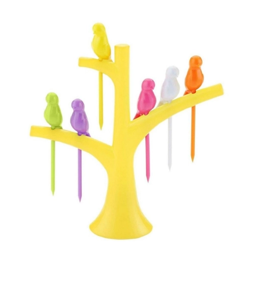 Pack of 10_Bird Tree Fruit Fork Set Decorative Toothpick Holder (Color: Assorted )