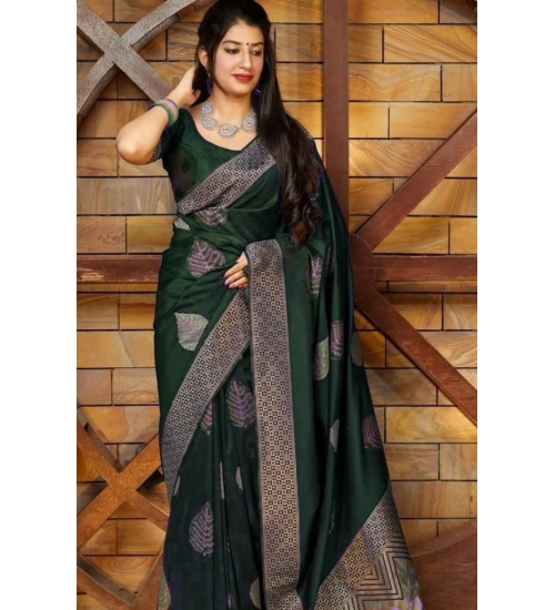 Women's Litchi silk Printed Saree With Unstitched Blouse (Green)