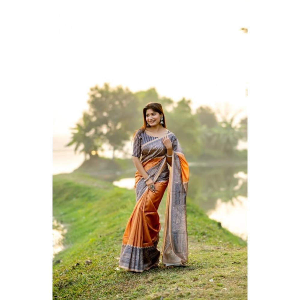 Women's Faux_Tussar Geometric_Print Saree With Unstitched Blouse 5.5Mtr (Rust) Women's Faux_Tussar Geometric_Print Saree With Unstitched Blouse 5.5Mtr (Rust)