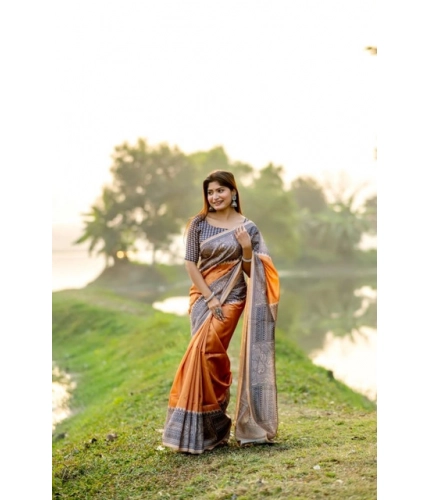 Women's Faux_Tussar Geometric_Print Saree With Unstitched Blouse 5.5Mtr (Rust)