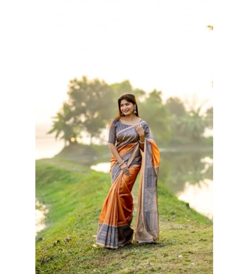 Women's Faux_Tussar Geometric_Print Saree With Unstitched Blouse 5.5Mtr (Rust)