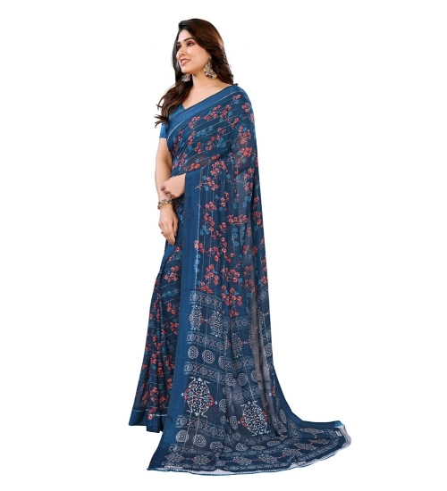 Women's Georgette Printed Saree With Unstitched Blouse 5.5Mtr (Blue)