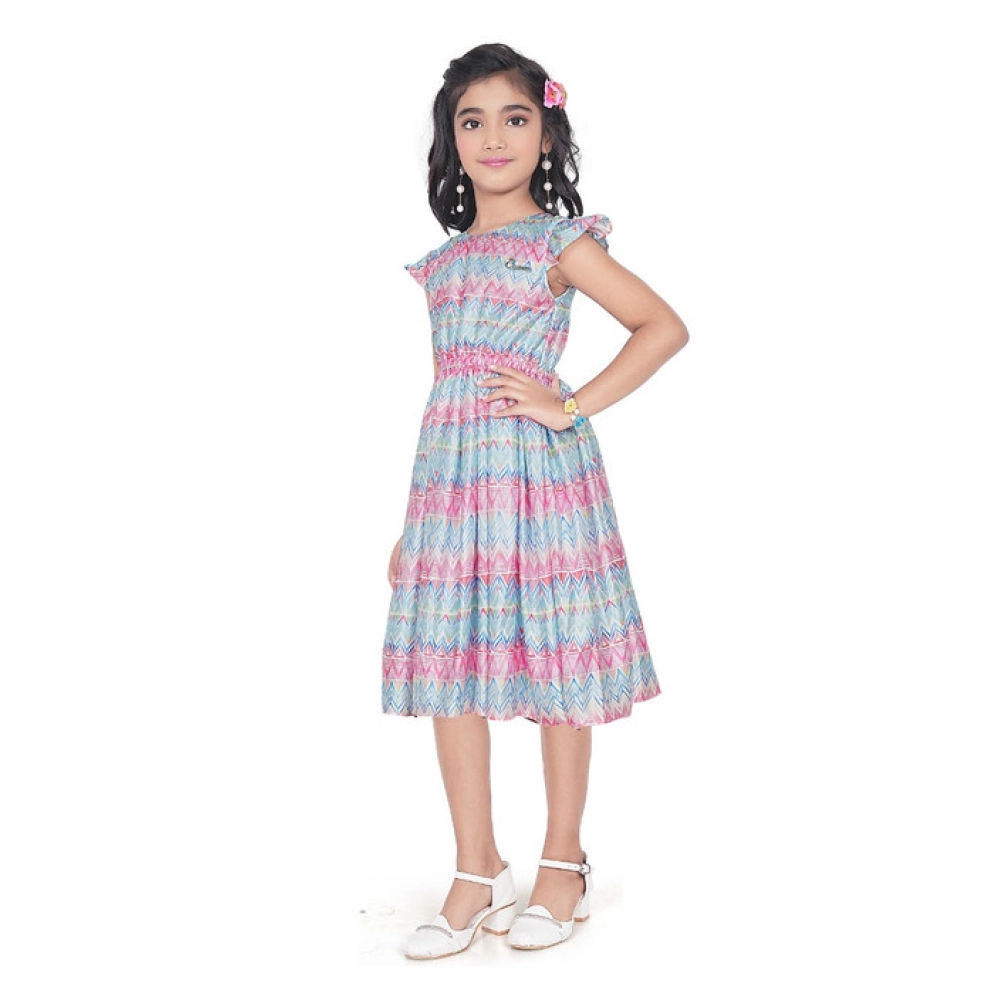 Girl's Lycra Printed Sleeve Less Round Neck Dress (Multicolor)
