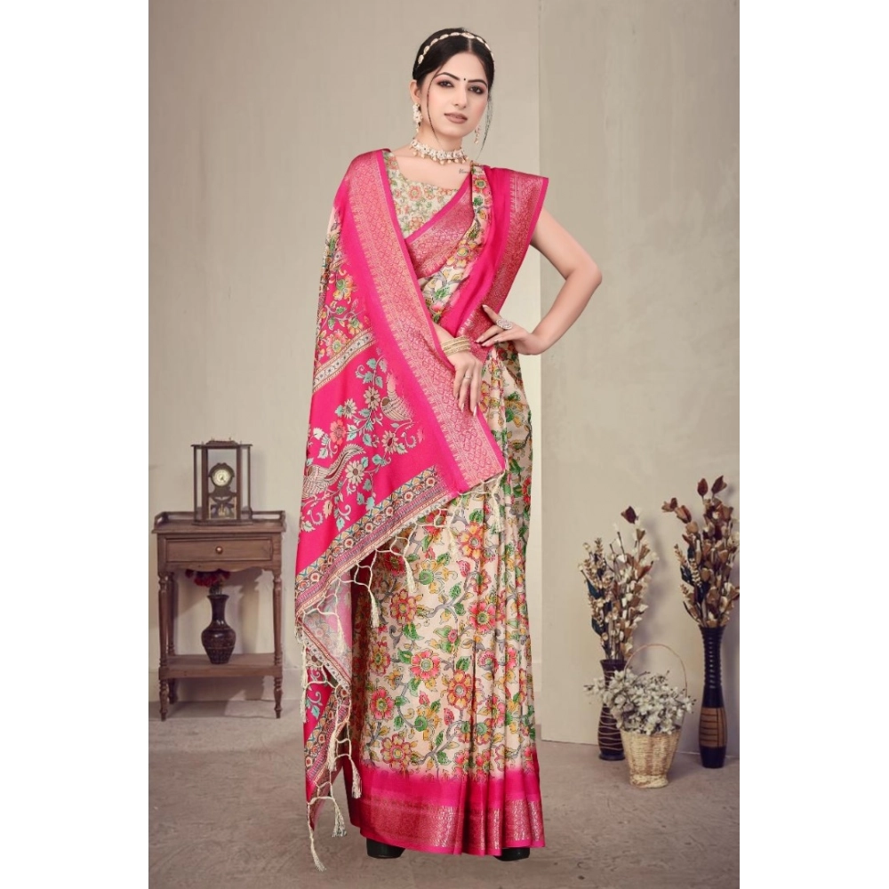 Women's Cotton Silk  Printed Saree With Unstitched Blouse 5.5Mtr (Pink)