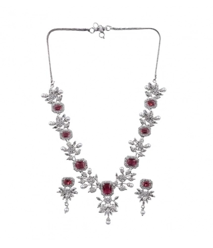 Women's Brass Silver Plated Necklace set (Red)