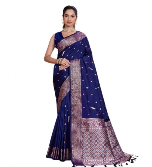 Women's Jacquard Woven Saree With Unstitched Blouse 5.5Mtr (Navy)