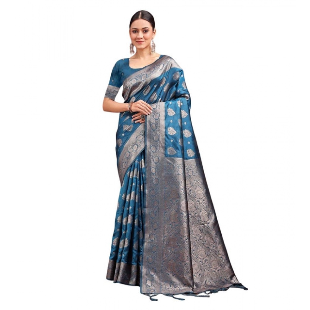 Women's Banarasi Silk Printed Saree With Unstitched Blouse 5.5Mtr (Teal Blue) Women's Banarasi Silk Printed Saree With Unstitched Blouse 5.5Mtr (Teal Blue)