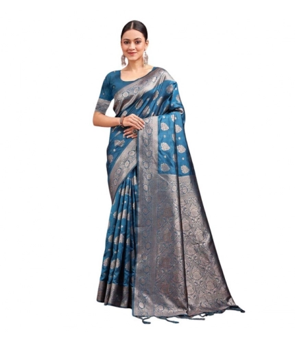 Women's Banarasi Silk Printed Saree With Unstitched Blouse 5.5Mtr (Teal Blue)