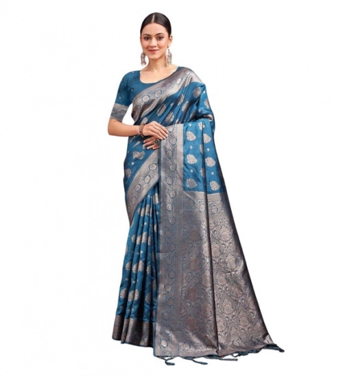 Women's Banarasi Silk Printed Saree With Unstitched Blouse 5.5Mtr (Teal Blue)