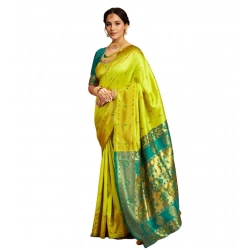 Women's Silk Blend Zari Weaving Saree With Unstitched Blouse 5.5Mtr (Lime-Green)