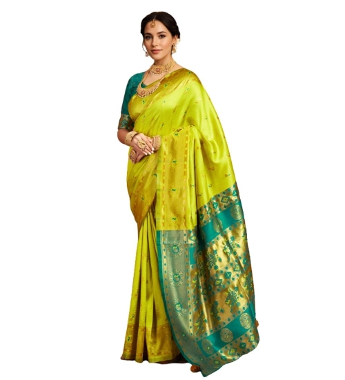 Women's Silk Blend Zari Weaving Saree With Unstitched Blouse 5.5Mtr (Lime-Green)