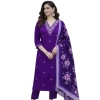Women's Chanderi Silk Ethnic Motif V-Neck 3/4th Sleeve Kurti With Pant Dupatta Set (Purple) Women's Chanderi Silk Ethnic Motif V-Neck 3/4th Sleeve Kurti With Pant Dupatta Set (Purple)
