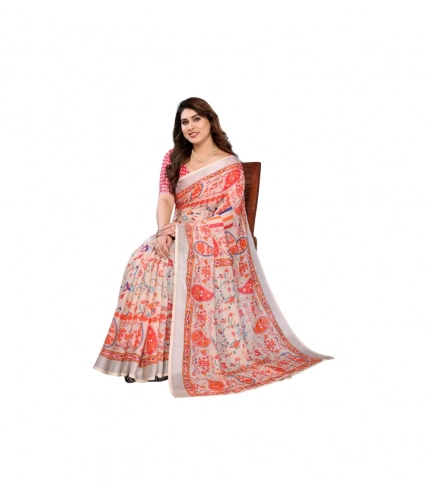 Women's Linen Cotton  Printed Saree With Unstitched Blouse 5.5Mtr (Orange )