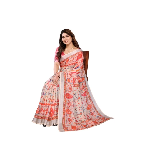 Women's Linen Cotton  Printed Saree With Unstitched Blouse 5.5Mtr (Orange )