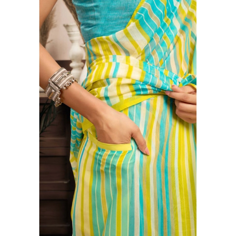 Women's Linen Cotton Printed Ready To Wear With Pocket Saree With Unstitched Blouse 5.5 Mtr (Light_Aqua_Blue)
