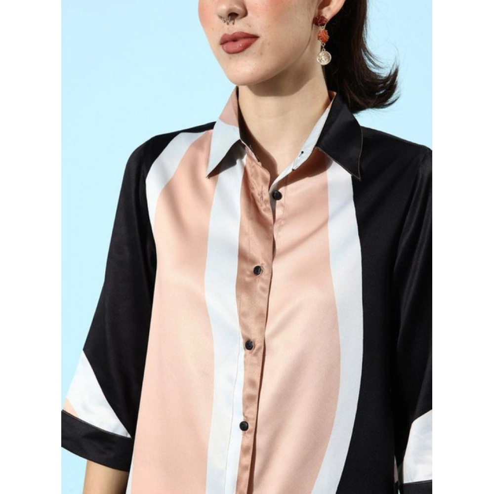 Women's Satin Colour Block Long Sleeves Co-Ord Set (Beige - Black)