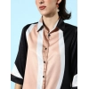 Women's Satin Colour Block Long Sleeves Co-Ord Set (Beige - Black)