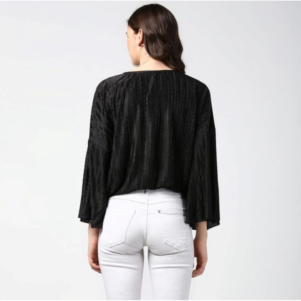 Women's Polyester Pleated Balloon Sleeve Top (Black)