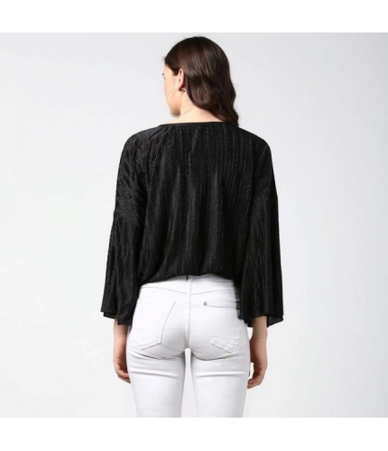 Women's Polyester Pleated Balloon Sleeve Top (Black)