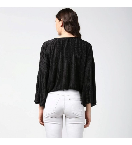 Women's Polyester Pleated Balloon Sleeve Top (Black) Women's Polyester Pleated Balloon Sleeve Top (Black)
