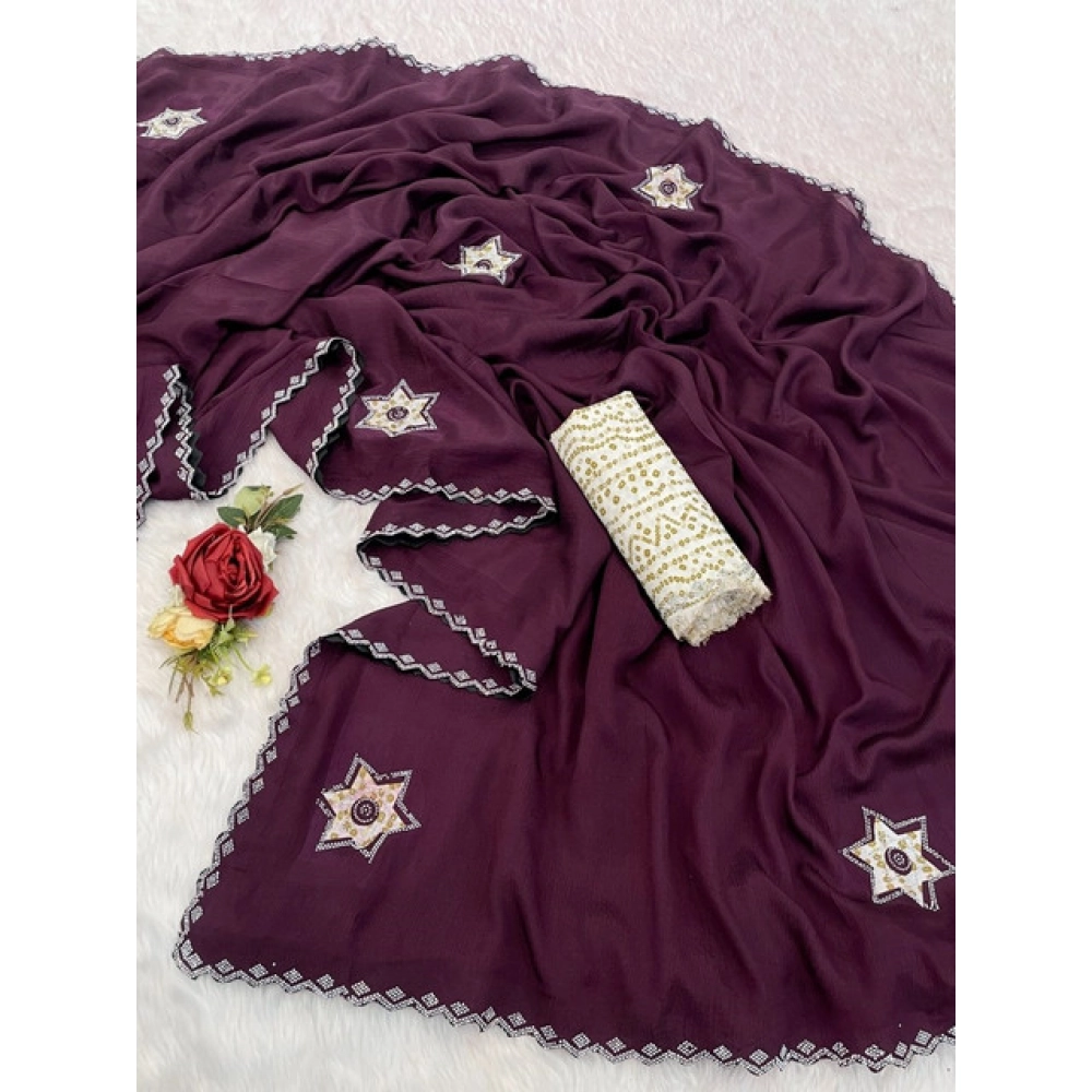 Women's Chiffon Butti Dotted Saree With Unstitched Blouse 5.5Mtr (Wine)